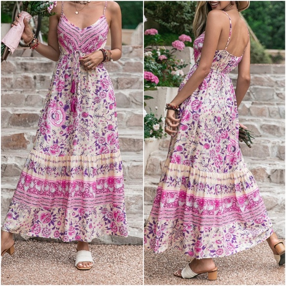 Boho Pink Floral Print Cami Maxi Dress - Picture 3 of 5